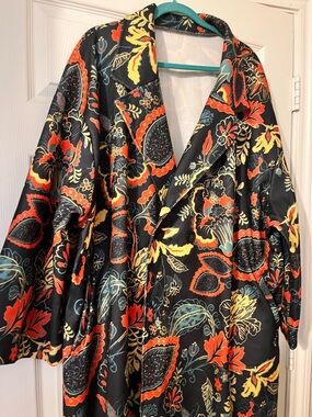 Black Floral Satin Duster Coat with Red and Yellow Accents